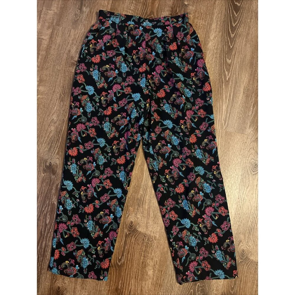 Vtg CLAUS Pants Womens Sz 12 Black‎ Floral High Rise Pleated Wide Leg 90s
